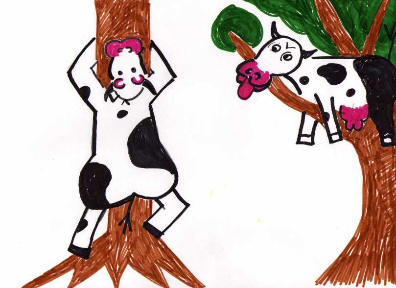 Das ist eine Kuh die Mühsam erlernt hat auf Bäume zu klettern!